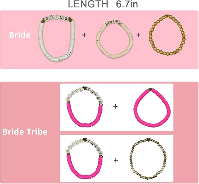 Bridal Shower Decorations, Bachelorette Party Favors, 11 Pcs Rose Red Bride Tribe Clay Bead Bracelet Preppy Bracelet Stretch for Women Wedding Boho Disc Party Beach Wedding Gift Supplies (White & Rose
