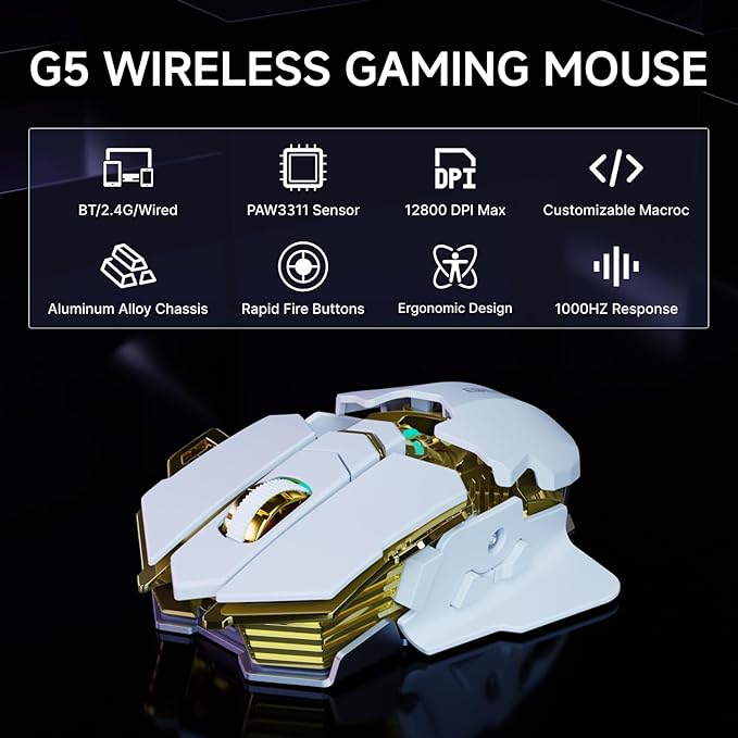 EWEADN G5 Wireless Gaming Mouse, 12800 Adjustable DPI RGB Mouse with 6 Backlit Modes, Rapid Fire Key, 9 Programmable Macro Buttons, Rechargeable Bluetooth Mouse for PC/Mac/Laptop - White