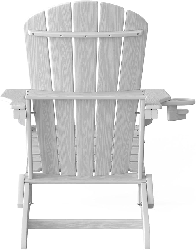 Plawdlik Folding Adirondack Chair, SGS Tested, Wooden Textured with Cup Holder, Heavy All-Weather HDPE Comfortable Set Poolside Backyard Lawn White Set 2