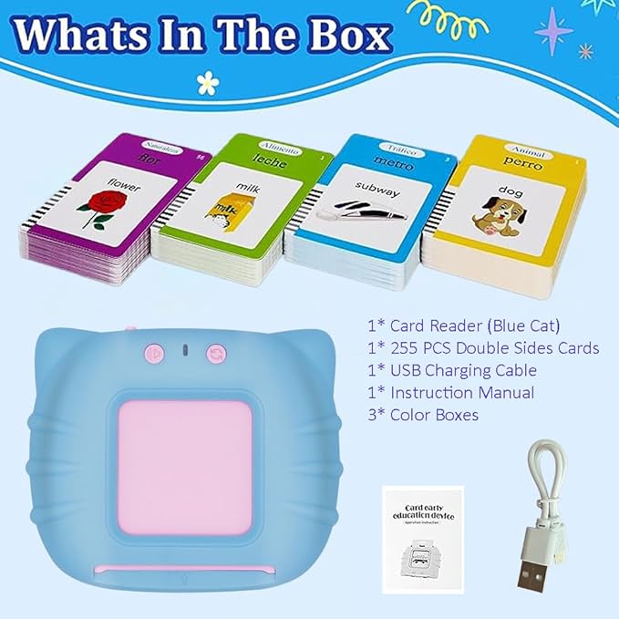 RT&BS Spanish Talking Flash Cards for Toddlers, Bilingual English Spanish Flash Cards for Kids, Spanish Flash Cards for Kids, Gift for Kids Children, 510 Sight Words Blue Cat