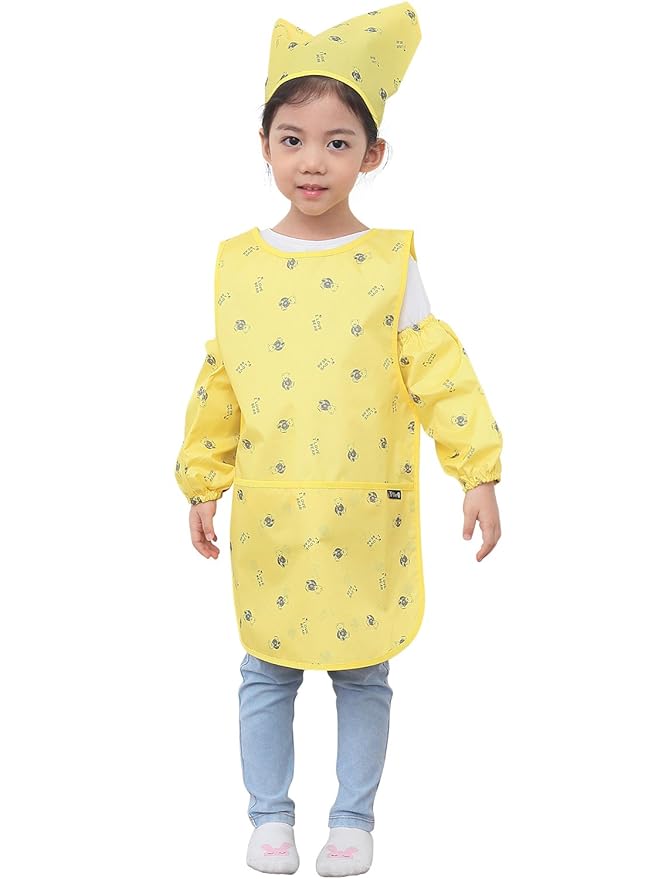 Children Waterproof Artist Painting Aprons or Art Smock 3PCS Set Yellow Bear (05-S)
