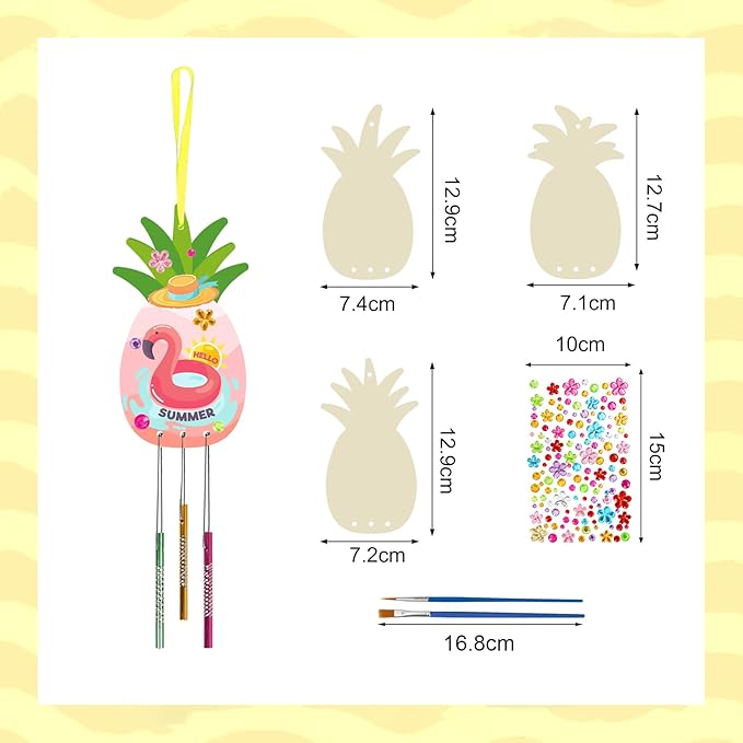 Fennoral 9 Pack Pineapple Wind Chime Kit for Kids Make Your Own Pineapple Wind Chime Wooden Arts and Crafts for Girls Boys DIY Coloring Pineapple for Hawaii Summer Art Activity Birthday Party