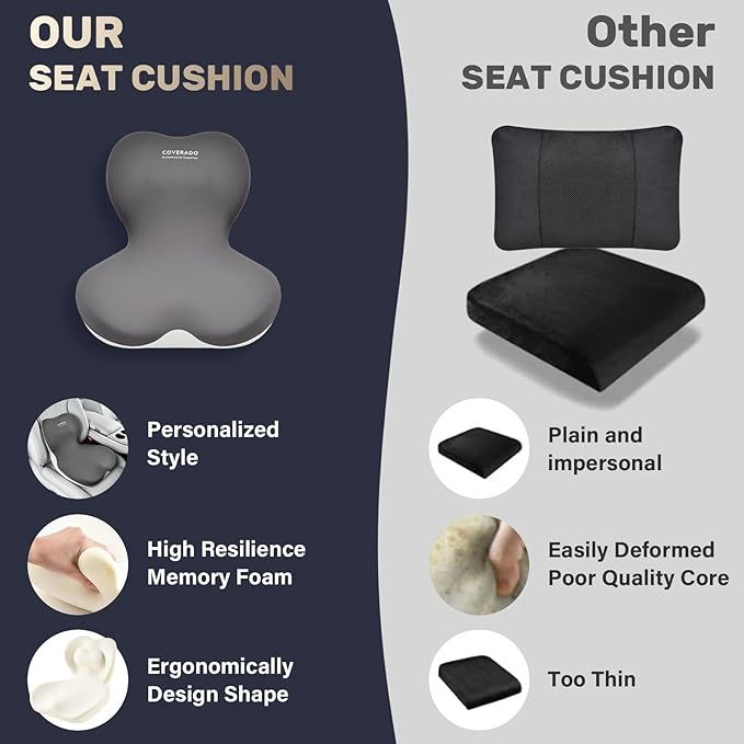 Coverado Car Seat Cushion and Lumbar Support Pillow One Piece, Memory Foam Ergonomic Back Support Driving Seat Cushion for Back Pain, Non-Slip Washable Cushion for Car, Driver, Office