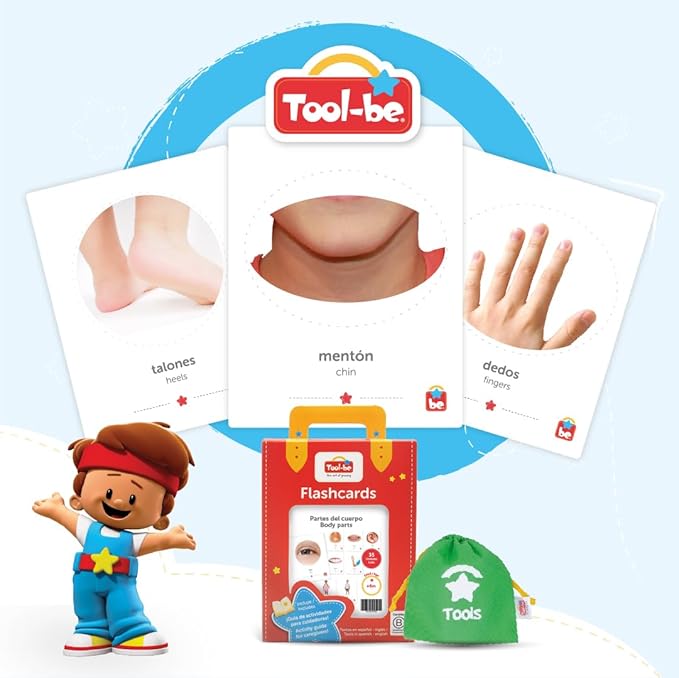 Tool-be Bilingual Flash Cards for Babies and Toddlers, with 35 Real Photos of Body Parts, Spanish-English Educational Toys, Sight Words Flash Cards, Ages 6 Months to 6 Years