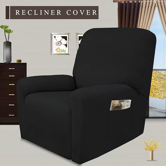Easy-Going 4 Pieces Microfiber Stretch Recliner Slipcover – Spandex Soft Fitted Sofa Couch Cover, Washable Furniture Protector with Elastic Bottom for Kids, Pet(Recliner, Black)