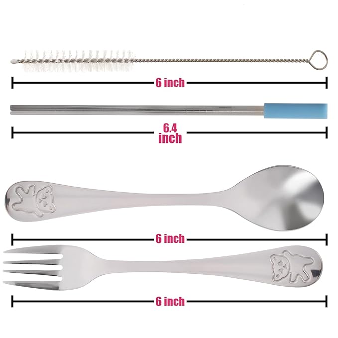 15 Pieces Toddler Kids Utensils Kids Silverware Set Stainless Steel, Safe Baby Utensils 3 Toddler Forks 3 Toddler Spoons 4 Reusable Metal Straws 4 Silicone Tips and Brush, Kid Utensils Flatware