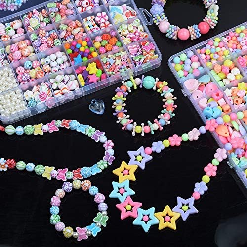 Beads Art Crafts Toys, Acrylic Beads Bracelet Making Kits DIY Beads Kits 24 Different Types and Shapes Colorful Acrylic Beads for Girls Kids DIY Bead Set Gift for 6 + Years Old Kids Birthday Gift