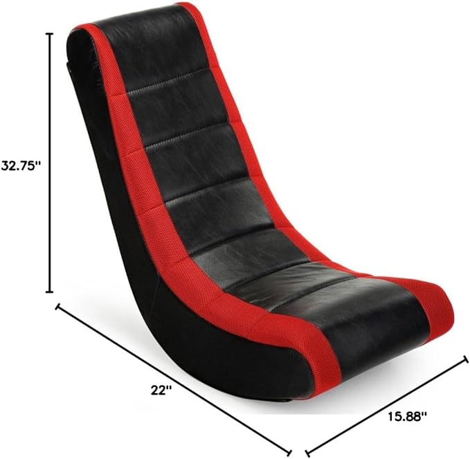 The Crew Furniture Classic Video Rocker Floor Gaming Chair, Kids and Teens, Racing Stripe PU Faux Leather & Polyester Mesh, Black/Red