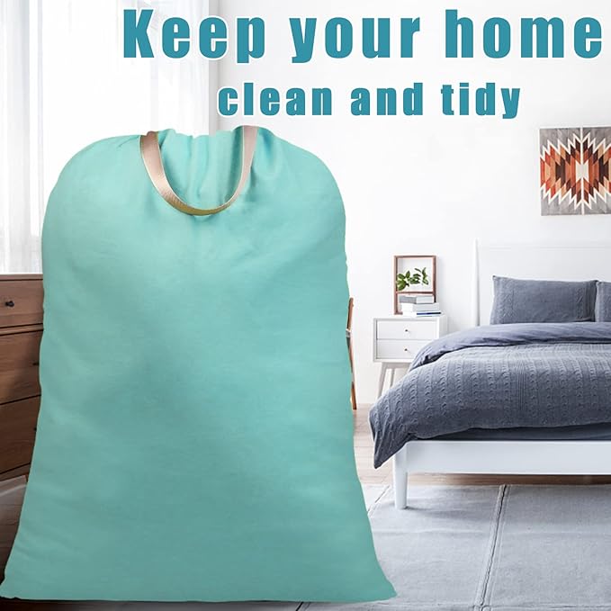 LOLOMLO Extra Large Canvas Laundry Bags with Handles & Drawstring Closure, Heavy Duty Tears Resistant Clothes Storage Travel Bags,25.5"x34",Teal Blue