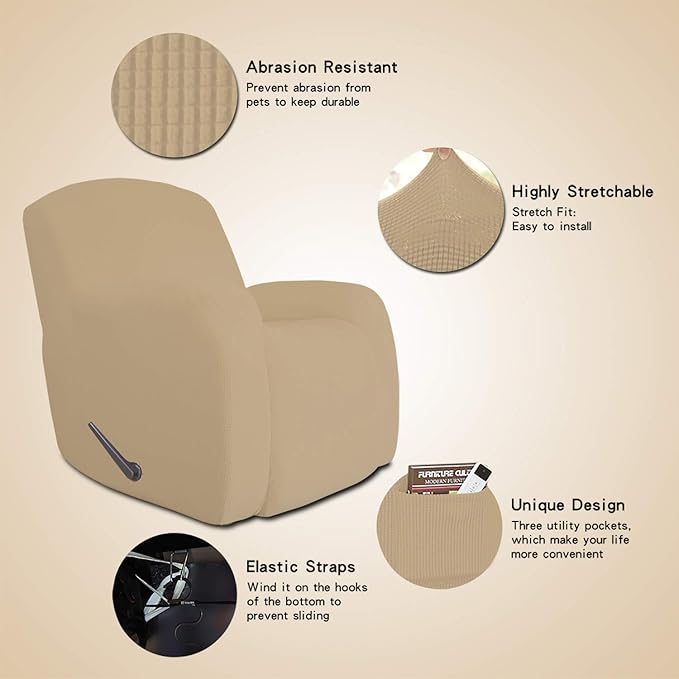 Easy-Going Oversized Recliner Stretch Sofa Slipcover Sofa Cover 1 Piece Furniture Protector Couch Soft with Elastic Bottom Kids,Polyester Spandex Jacquard Fabric Small Checks(Oversize Recliner,Sand)