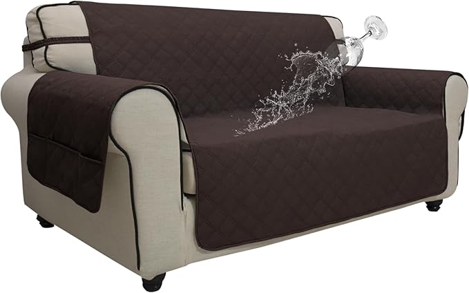 Easy-Going Waterproof Oversized Loveseat Covers Leakproof Couch Cover for 2 Cushion Couch Sofa Cover Washable Sofa Slipcover Non-Slip Furniture Protector with Pocket for Pets (Medium-XL, Chocolate)