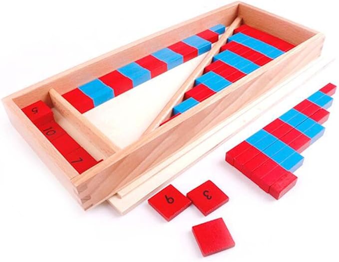 YHZAN Montessori Mathematics Material - Small Numerical Rods with Number Tiles Order of Number and Quanlity Learning Blue Red Color W/Wooden Box Family Version