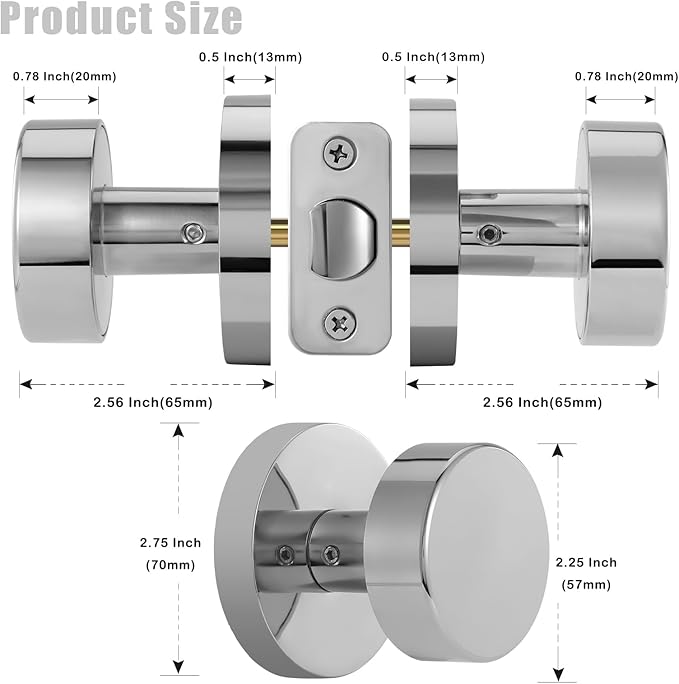 Passage Door Knobs Interior, Polished Chrome Door Knob for Closet, Modern Round Passage Door Handles for Hallway