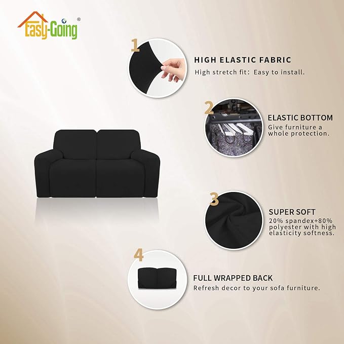 Easy-Going 6 Pieces Microfiber Stretch Sectional Recliner Sofa Slipcover Soft Fitted Fleece 2 Seats Couch Cover Washable Furniture Protector with Elasticity for Kids(Recliner Loveseat, Black)