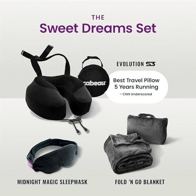 Cabeau Airplane Travel Pillow for Long Flights - Evolution S3 - Supportive Memory Foam with Seat Straps to Secure Your Head and Neck and Provides 360° Support (Jet Black)