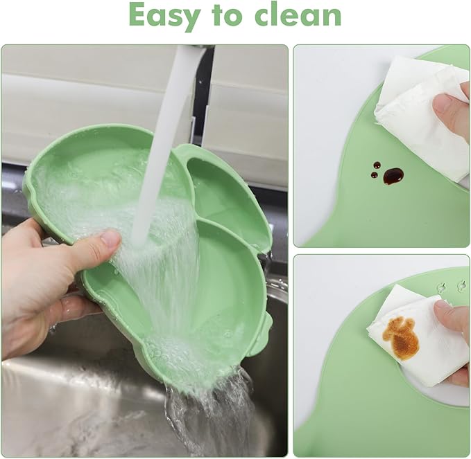 Silicone Baby Feeding Set 15 Pcs,Baby Spoons Suction Bowl Divided Plate Bib Cup Finger Brush Teething Teether,Baby Led Weaning Supplies,Baby & Toddler Silicone Plates and Bowls Dining Set(green)