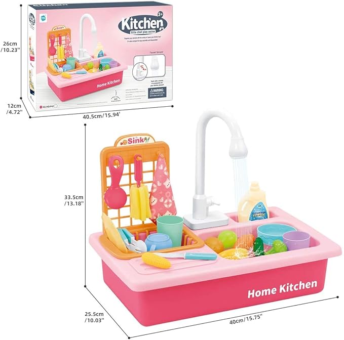 BOBXIN Play Sink with Running Water, Kids Pretend Play Kitchen Toy Sink for Girl, Role Play Electric Dishwasher Kitchen Water Toys Set with Upgraded Working Faucet and Dishes Playset for Boy Toddler