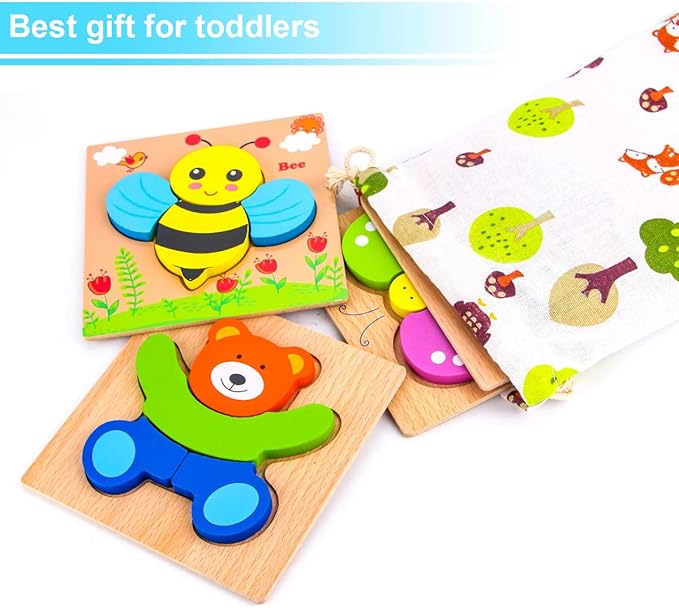 SKYFIELD Wooden Animal Puzzles for Toddlers 1 2 3 Years Old, Boys & Girls Educational Toys Gift with 4 Animal Patterns, Bright Vibrant Color Shapes, Customize Gift Box Ready