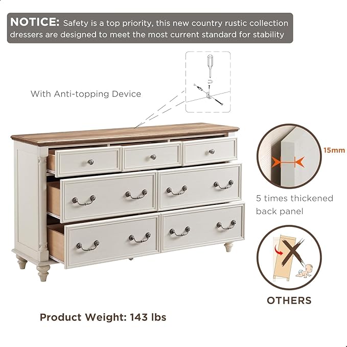 T4TREAM Farmhouse 7 Drawers Dresser Chests for Bedroom with 4 Solid Wood Feet, Tall Wide Wood Country Rustic Chest of Drawers, Storage Dressers for Bedroom, Living Room, Antique White