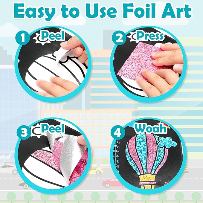Foil Art Craft Activity for Kids: Fun DIY Toy Sticker Kit, No Mess Creative Travel Supply Set, Idea Birthday Easter Basket Stuffers Valentines Gift for Girl Boy Toddler 4 5 6 7 8 9 Year Old(Vehicle)