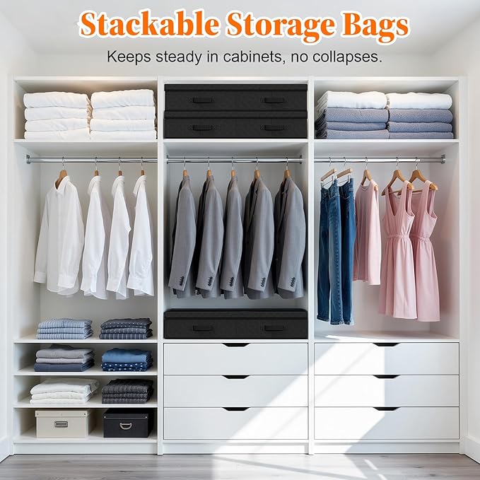 Under Bed Storage Containers with Lids - 2 Pack, Foldable and Stackable Clothes Storage Bags with Clear Window, 3-Sided Handles and Label Slot for Clothing, Blankets, Pillows (Black)