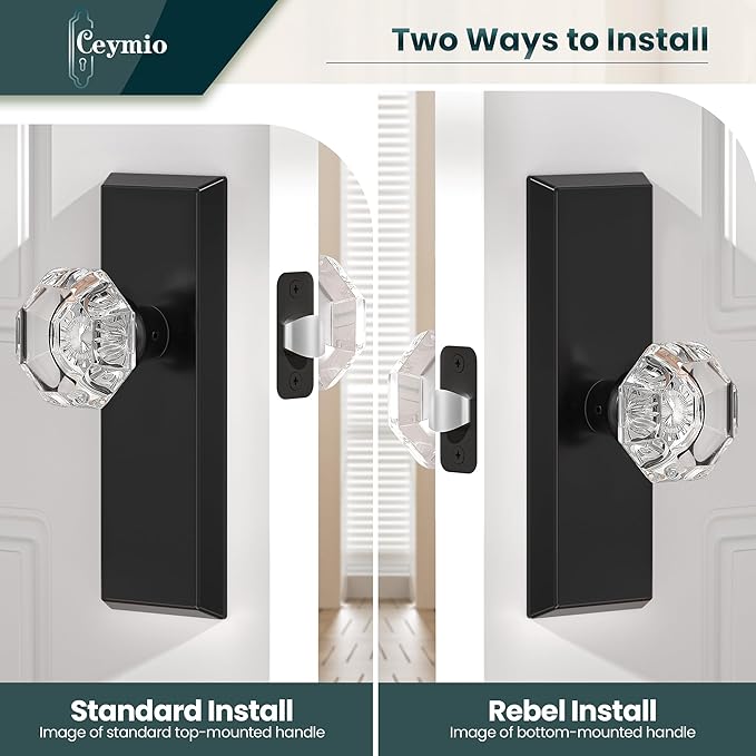 Glass Door Knobs for Interior Doors - Vintage Crystal Passage Closet & Hallway Door Knob - Diamond Cut Door Handle - Matte Black Finish (1 Pack)