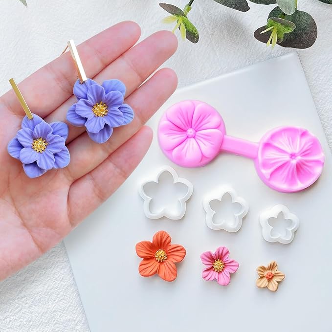Keoker Flower Petal Clay Cutters - Polymer Clay Cutters for Earrings Making, 4 Shapes with Polymer Clay Petal Press Mold, Clay Cutters for Polymer Clay Jewelry (C)