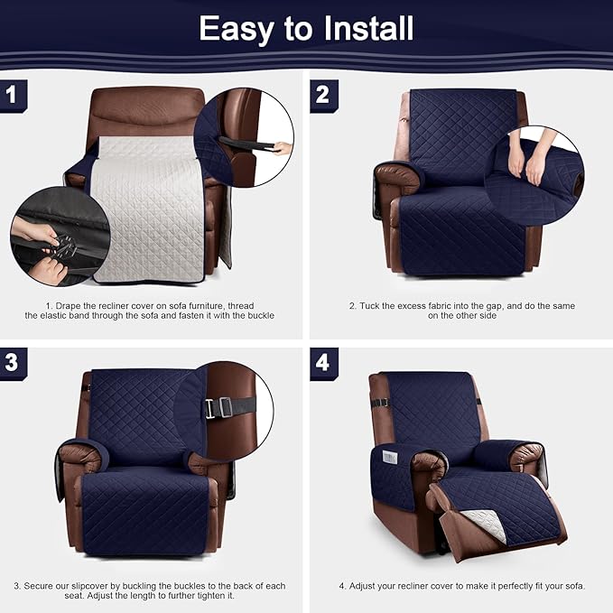 KinCam 100% Waterproof Recliner Chair Cover, Reclining Couch Covers for Pets, Dogs, Recliner Couch Slipcover Furniture Protector with Elastic Straps for Kids(23.6", Dark Blue)