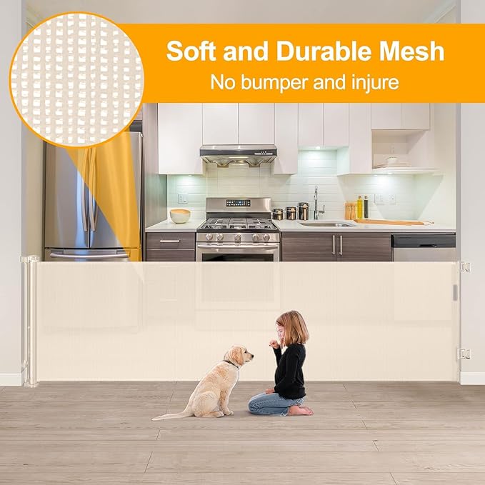 140 Inch Extra Wide Baby Gate Retractable Dog Gates for The House Extra Wide Dog Gates Extra Long Baby Gates Extra Large Dog Gates for Large Openings Outdoor Indoor Retractable Baby Gates (Beige)