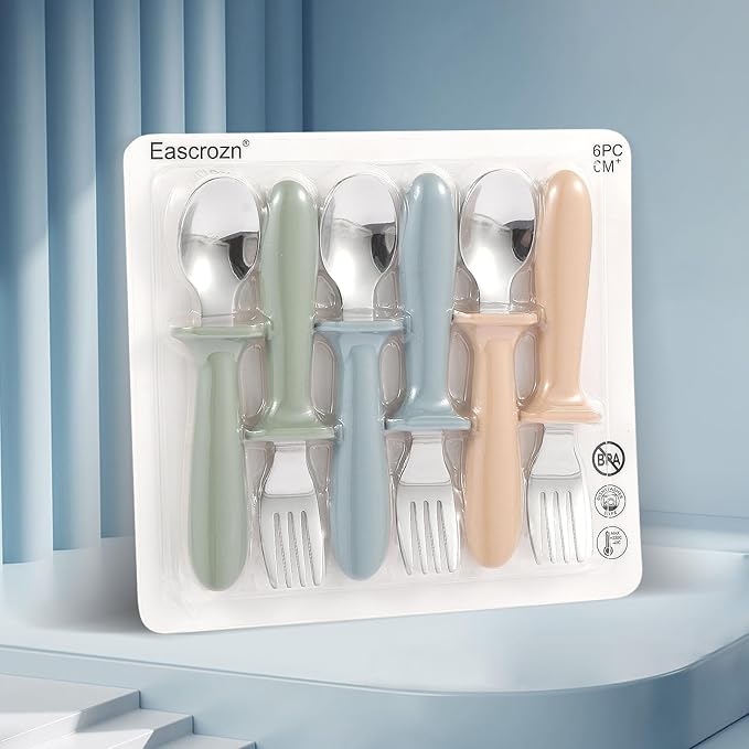 Toddler Utensils, 6 Pack kids Silverware Set with Silicone Handle, 18/8 Stainless Steel Children Safe Forks and Spoons, Dishwasher Safe