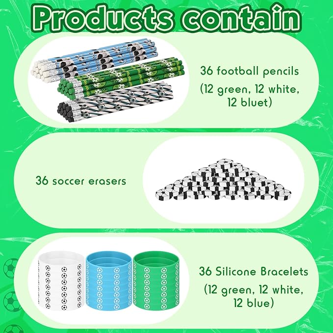 Gueevin 108 Pcs Soccer Party Favors Set 36 Soccer Pencils 36 Soccer Erasers 36 Silicone Bracelets Sport Pencil Wristbands Fun Erasers Bulk for Kids Student Teacher Office Birthday (Green, White, Blue)