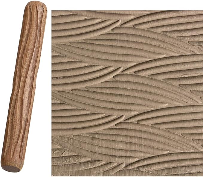OwnMy Set of 5 Clay Modeling Pattern Rollers Kit, Fish Leaves Cobblestone Ripple Wood Grain Pattern 4.7 in Clay Rolling Pin Textured Hand Roller Wooden Handle Pottery Tools Set