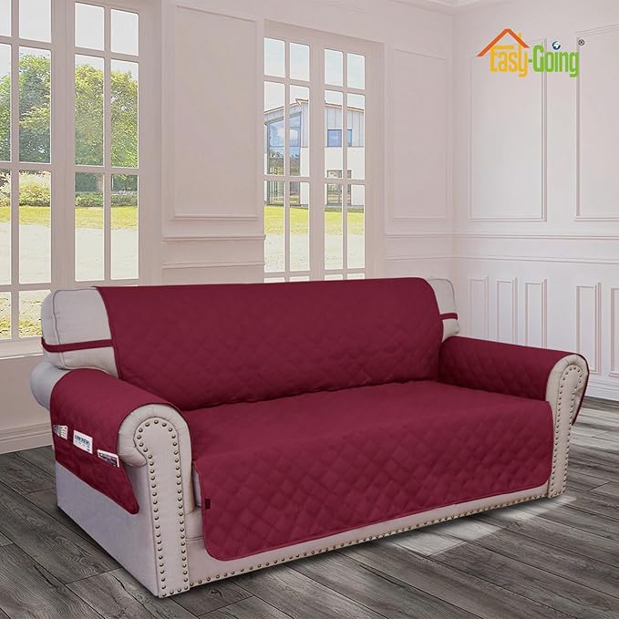 Easy-Going Waterproof Oversized Loveseat Covers Leakproof Couch Cover for 2 Cushion Couch Sofa Cover Washable Sofa Slipcover Non-Slip Furniture Protector with Pocket for Pets (Medium-XL, Wine)