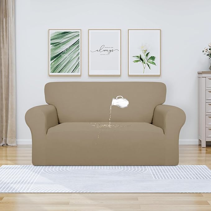 PureFit 100% Dual Waterproof Couch Cover Slipcovers for Couches and Sofas - Stretch Non Slip Fleece Sofa Covers Washable, Leakproof Furniture Protector for Kids, Pets, Dog (Loveseat, Natural)