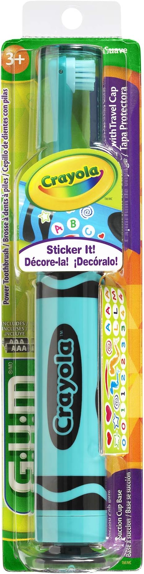 GUM Crayola Power Toothbrush for Kids, Extra Soft Bristled Toddler Toothbrushes, Travel Cap + Suction Cup Base, Batteries Included, 1ct