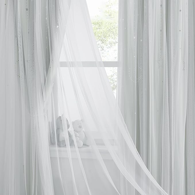NICETOWN Nrsery Curtains for Girls Bedroom Nursery Room Darkening Curtains Star Moon Cutout Princess Room Decor for Daughter Bedroom Window, 52" Wide x 84" Long, 2 Panels, Sage Green