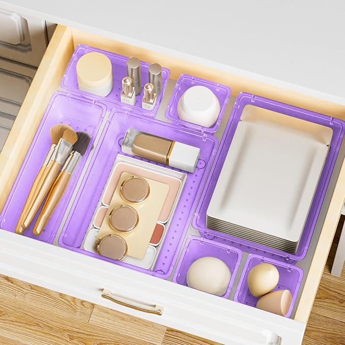 15 PCS Clear Plastic Drawer Organizer Set, 4-Size Acrylic Drawer Storage Trays, Storage Bins for Makeup, Gadgets, and Jewelry in Bathroom, Bedroom and Office, Clear Purple