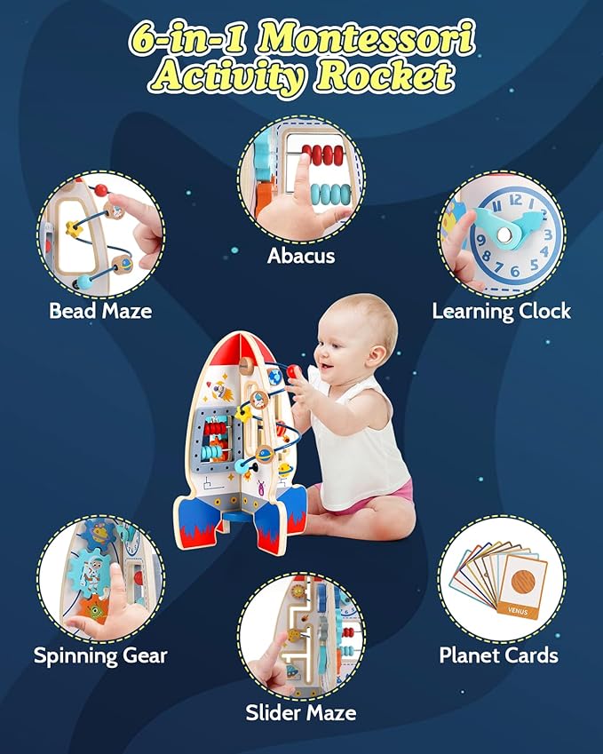 Baby Space Rocket Wooden Activity Cube Montessori Toys, 6-in-1 Sensory and Educational Learning Toys with Bead Maze Abacus, STEM Developmental Birthday Gifts for Toddler Boy Girl Ages 2 3 4
