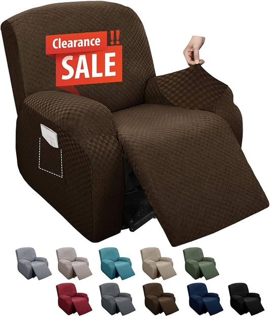 MAXIJIN Latest Recliner Slipcovers for Living Room 4 Pieces Stretch Jacquard Recliner Chair Cover Soft Fitted Recliner Protector with Elastic Bottom for Kids, Pets (Recliner, Dark Coffee)