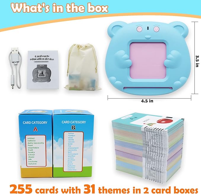 MAYAPHILOS 510 Words Alphabet Talking Flash Cards for 3-8 Years Toddlers, Educational Learning Interactive Toy for Boys Girls Kids Birthday Gifts, Preschool Montessori Speech Therapy Autism Toys Blue