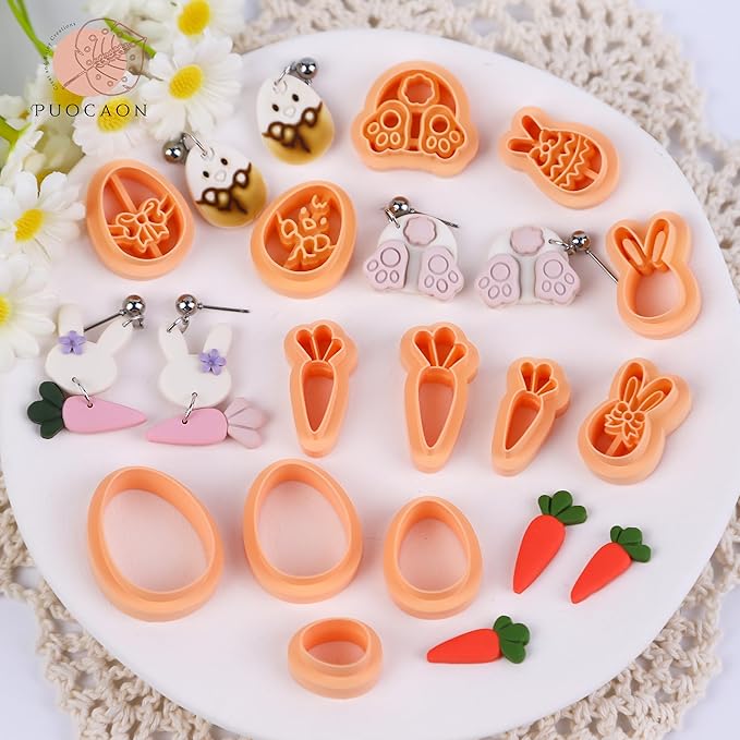 Puocaon Clay Cutters, 15 Pcs Easter Polymer Clay Earrings Kit, Resin Bunny, Carrot, Egg Shapes for Jewelry Making