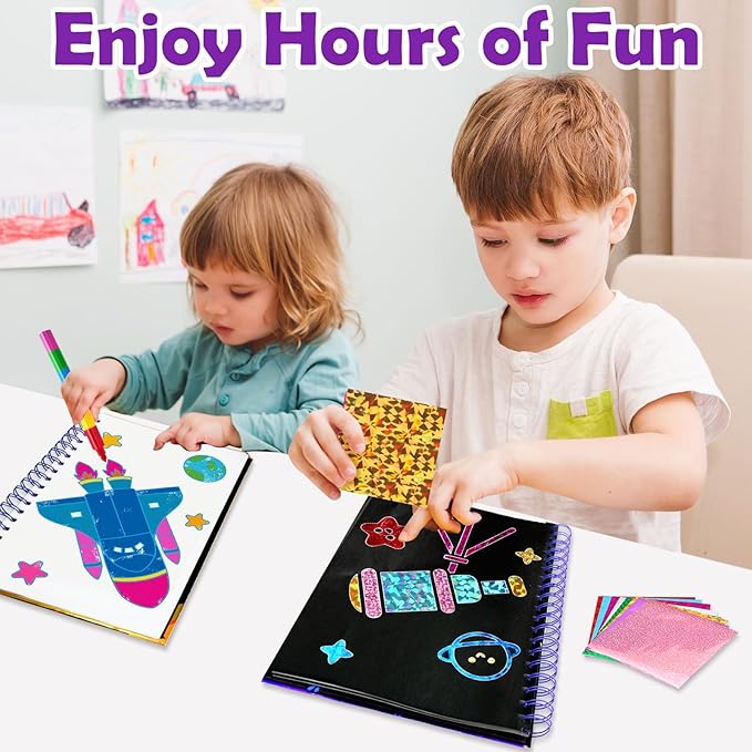 Foil Art Craft Activity for Kids: Fun DIY Toy Sticker Kit, No Mess Creative Travel Supply Set, Idea Birthday Easter Basket Stuffers Valentines Gift for Girl Boy Toddler 4 5 6 7 8 9 Year Oldļ¼Spaceļ¼