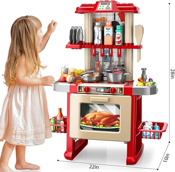 Kids Kitchen Playset for Toddlers, Kids Play Kitchen Set with Sounds and Lights for Toddlers 3-5 6-8, Pretend Food Toy Kitchens Christmas Birthday Gifts for Toddlers Kids 3 4 5 6 7 8 Years Old