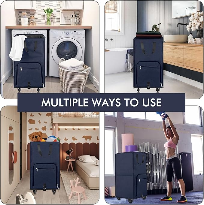 Bukere Large Rolling Laundry Basket, Laundry Hamper with Wheels, 4 Casters and 2 Handles, Collapsible Freestanding Wheeled Laundry Bag for Clothes, Apartment, College