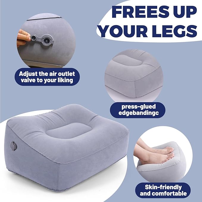 Inflatable Foot Rest Pillow for Air Travel, Airplane Foot Rest Pillow, Adjustable Height Leg Pillow Airplane Bed for Kids Toddler Suitable for Plane, Car, Train (Gray) 2count