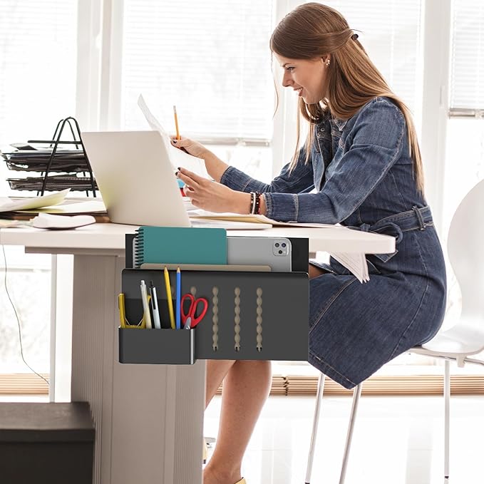 HAMOPY Desk Side Storage, Single-Layer Steel Hanging Desk Organizer with Magnetic Pen Holder, No Drilling Desk Drawer Cable Management Tray, Under Table Laptop Holder for Office, School&Home(Black)