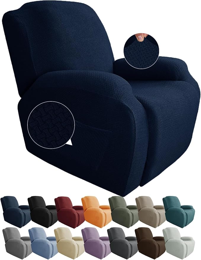 JIVINER Oversized Recliner Chair Covers 4 Piece Stretch Lazy Boy Recliner Sofa Slipcover Jacquard Large Recliner Covers with Elastic Bottom Soft Furniture Protector (XL Recliner,Navy Blue)