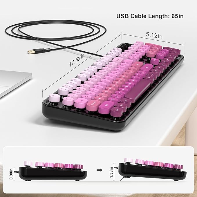 Computer Keyboard Wired, Retro USB Keyboard with Large Number Pad, Caps Indicators, Foldable Stands, Full Size Typewriter Keyboard for Windows PC Laptop (Black Pink)