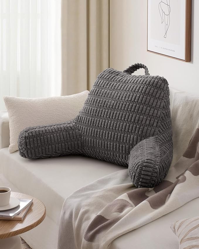 Blissful Diary Reading Pillow, Large Backrest Pillow with Shredded Memory Foam for Adult & Children, Designed for Bed and Couch Sitting Up, Includes Arms, Pockets and Washable Cover, Dark Gray