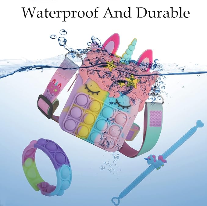 Fidget Purse, Pop Fidget Push It Bubble Popper Unicorn Bag with Bulk Fidget Bracelets Key Chain Stress Relief Toys for Girls Ages 3-12 Gift Easter Basket Stuffers Birthday Party Favor Xmas Stocking